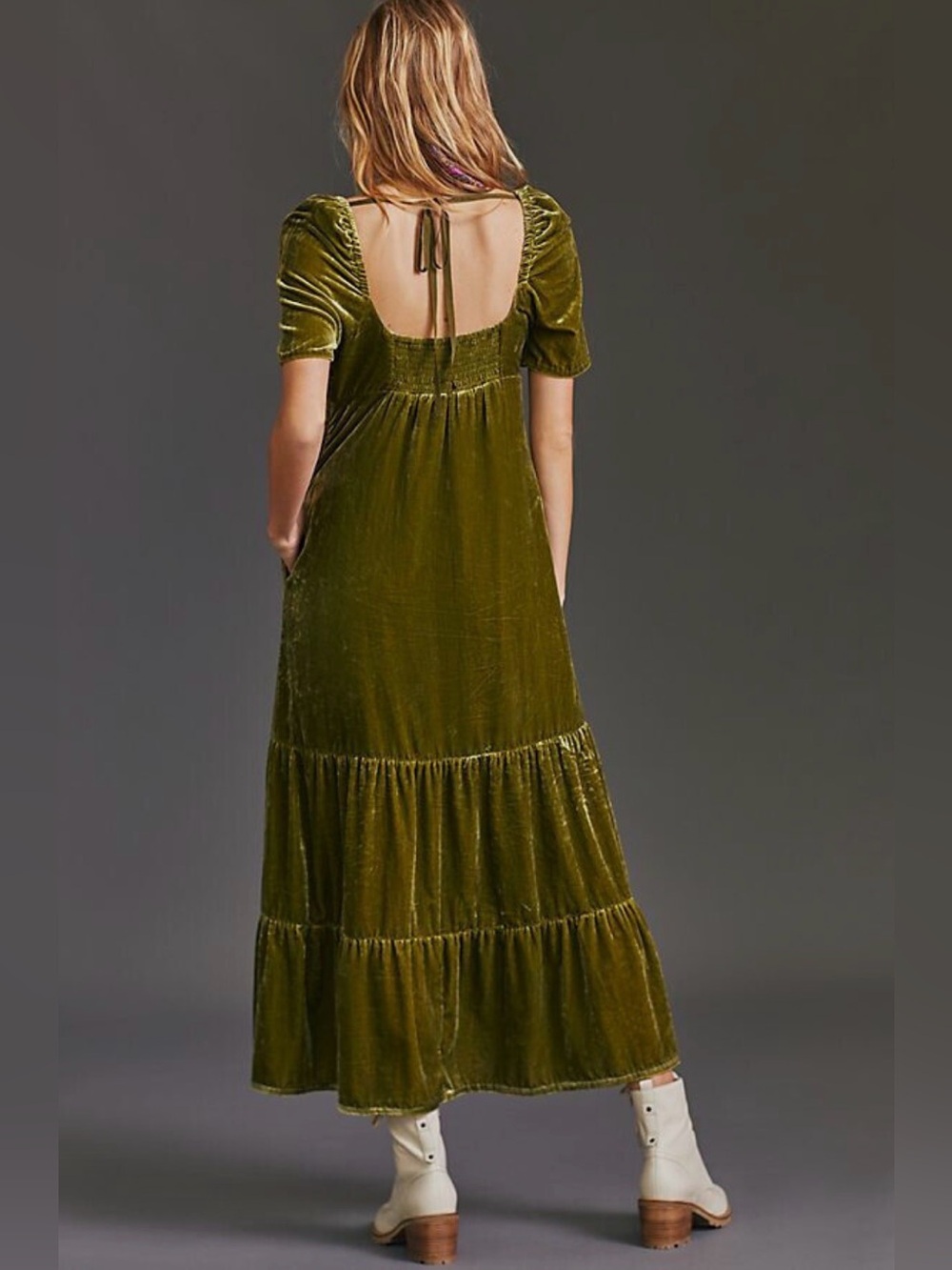 Anthropologie Olive Green Empire Waist Velvet Tiered  Maxi Dress 10 - Picture 11 of 16